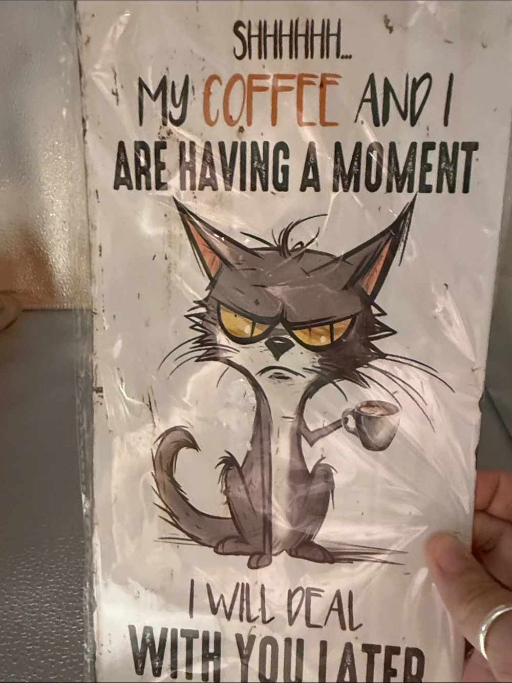 Coffee Cat Wall Sign - White Background with Brown Cat